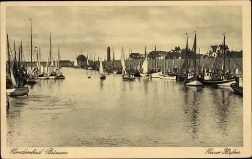 Ak Büsum an der Nordsee, Neuer Hafen, Fischerboote, Gedicht Fritz Lau