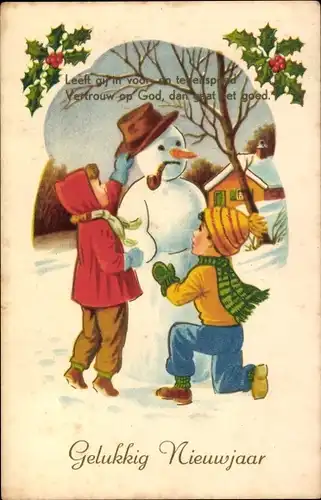 Ak Glückwunsch Neujahr, Kinder bauen einen Schneemann, Stechplam