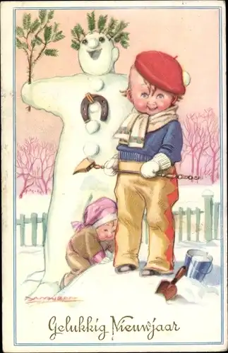 Künstler Ak Glückwunsch Neujahr, Kinder bauen einen Schneemann, Hufeisen