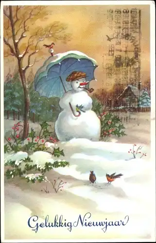 Ak Glückwunsch Neujahr, Schneemann mit Regenschirm, Vögel