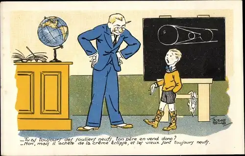 Künstler Ak Reklame Creme Eclipse, Junge mit geputzten Stiefeln, Schule, Lehrer