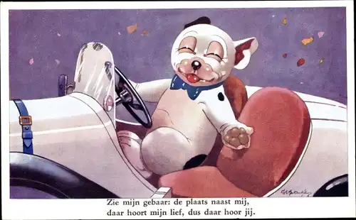 Künstler Ak Studdy, Bonzo der Hund am Steuer eines Autos