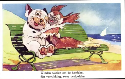 Künstler Ak Studdy, George E., Bonzo der Hund mit Hündin auf einer Bank am Strand
