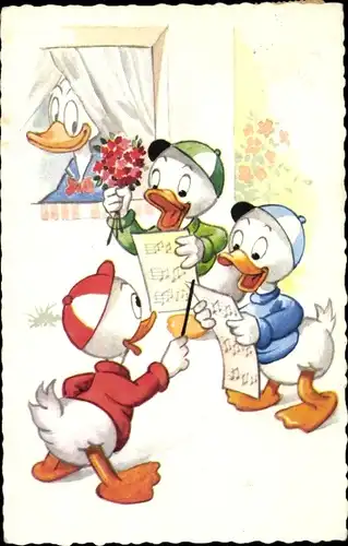 Künstler Ak Disney, Donald Duck, Neffen singen