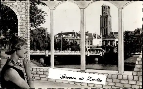 Ak Zwolle Overijssel Niederlande, Nieuwe Havenbrug met Peperbus, Frau im Seitenprofil