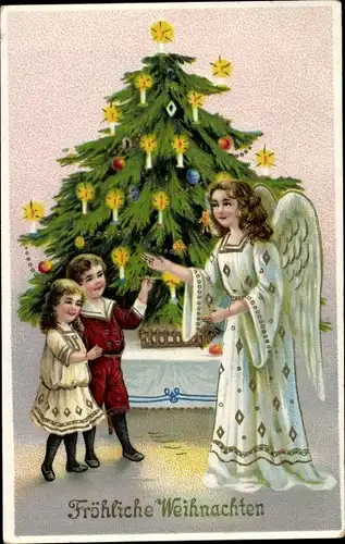 Ak Glückwunsch Weihnachten, Engel, Kinder, Tannenbaum