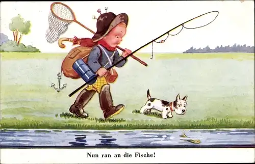 Künstler Ak Wills, John, Nun ran an die Fische, Angler mit Hund