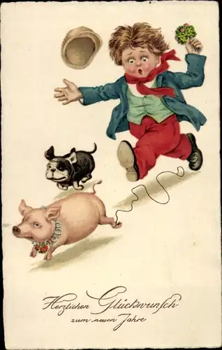 Ak Glückwunsch Neujahr, Schwein, Junge, Hund