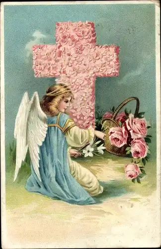 Präge Litho Engel vor einem Kreuz aus Blüten, Rosen