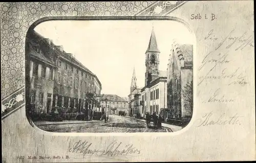 Passepartout Ak Selb im Fichtelgebirge Oberfranken, Straßenpartie, Kirche