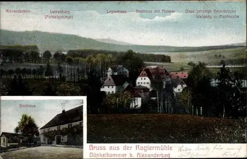 Ak Bad Alexanderbad im Fichtelgebirge, Stadtpanorama, Gasthaus, Luisenburg, Roglermühle