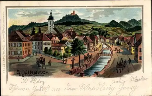 Litho Steinbach Baden Baden, Totalansicht, Fluss, Kirchturm