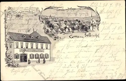 Litho Selb im Fichtelgebirge Oberfranken, Totalansicht, Gasthof zum goldenen Anker