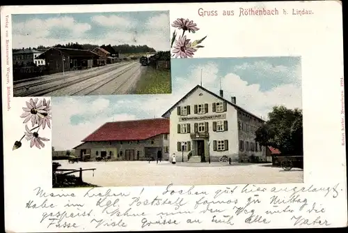 Ak Röthenbach im Allgäu, Bahnhof, Bahnschienen, Gasthaus