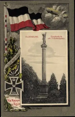 Passepartout Ak Oldenburg im Großherzogtum Oldenburg, Siegessäule am Friedensplatz, Zeppelin
