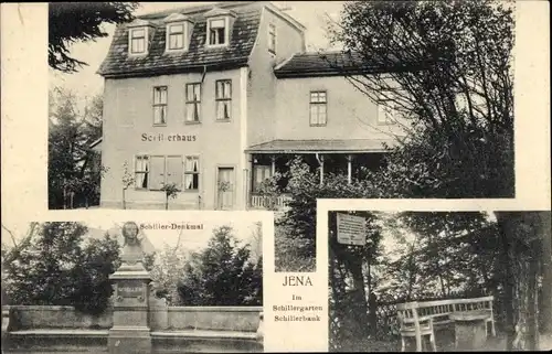Ak Jena in Thüringen, Schillerhaus, Schillergarten, Schillerbank, Schiller-Denkmal