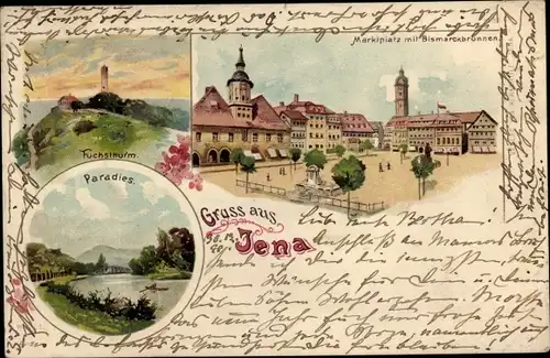 Litho Jena in Thüringen, Fuchsturm, Paradies, Marktplatz, Bismarckbrunnen