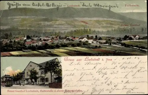 Ak Löbstedt Jena in Thüringen, Panorama, Neuer Gasthof, Straßenbahn, Fuchsturm