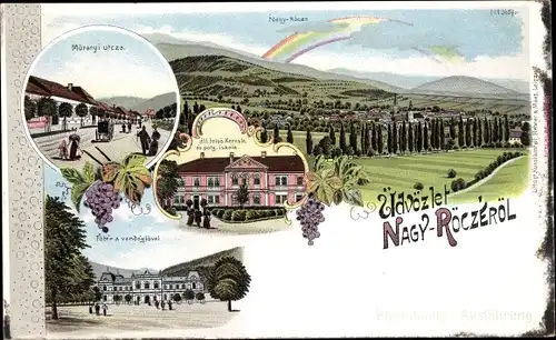 Litho Nagy-Röczéröl Groß-Rauschenbach Ungarn, Regenbogen, Stadtansichten