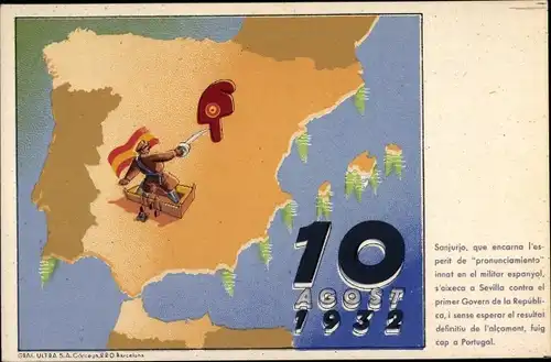 Landkarten Ak Geschichte Spanien, Versuchter Staatsstreich 10 August 1932