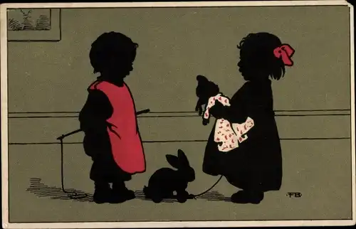 Scherenschnitt Ak Kinder mit Spielzeugen, Puppe