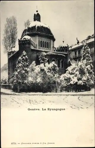 Judaika Ak Genève Genf Stadt, La Synagogue, Synagoge im Winter