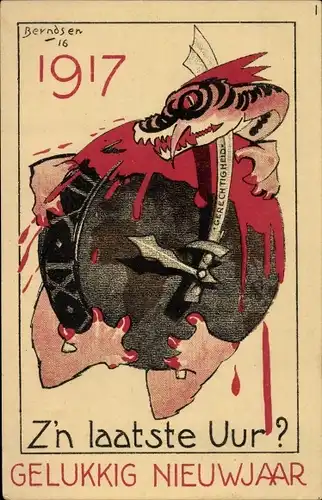 Künstler Ak Berndsen, Glückwunsch Neujahr, 1917, Vredesweek, Nederlandsche Anti Oorlog Raad