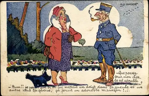Künstler Ak Badert, Französischer Soldat und Frau mit Hund