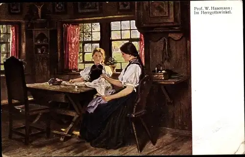 Künstler Ak Hasemann, W., Im Herrgottswinkel, Frauen nähen
