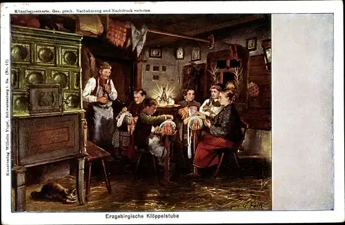Künstler Ak Falk, G., Erzgebirgische Klöppelstube, Kachelofen, Trachten, Verlag Wilhelm Vogel