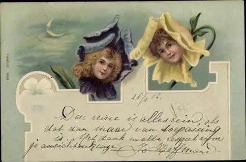 Litho Vermenschlichte Stiefmütterchen, Frauenportraits in Blüten