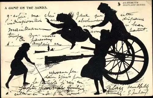 Scherenschnitt Ak Spielende Kinder am Strand, Silhouette