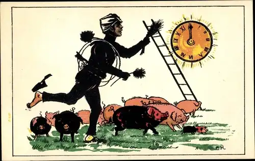Künstler Ak Schornsteinfeger, Leiter, Schweine, Uhr, Sonne