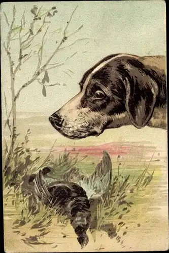 Präge Litho Jagdhund mit erlegtem Vogel