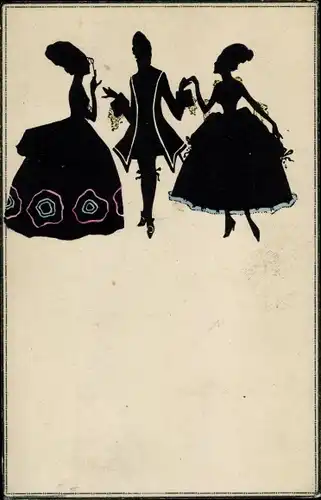Scherenschnitt Ak Eleganter Mann mit zwei Frauen