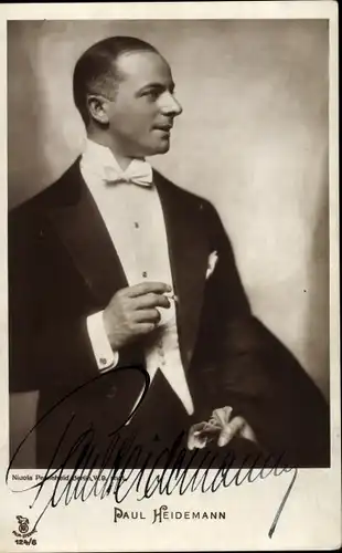 Ak Schauspieler Paul Heidemann, Portrait, Frack, Zigarette, Autogramm