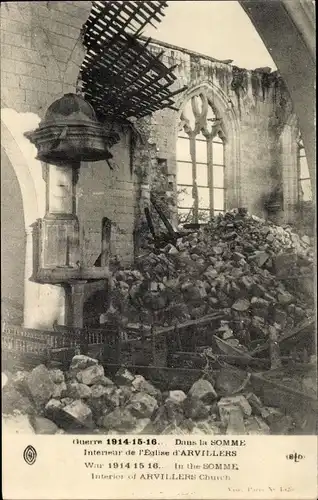 Ak Arvillers Somme, Kirche, Kriegszerstörung 1. WK