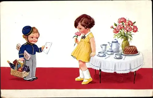 Künstler Ak Wills, John, Gedeckter Kaffeetisch, Kuchen, Mädchen, Bote mit Geschenken