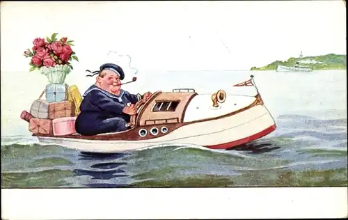 Künstler Ak Wills, John, dicker Mann im Boot mit Blumen und Geschenken