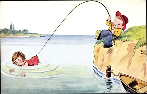 Künstler Ak Wills, John, Junge mit Angel, schwimmendes Mädchen hängt am Haken