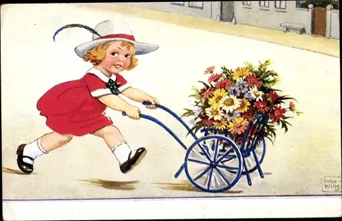 Künstler Ak Wills, John, Mädchen mit Schubkarre, Blumen