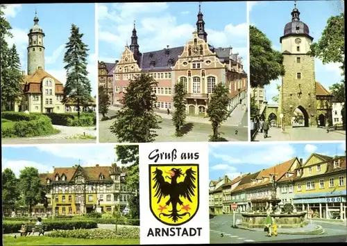 Ak Arnstadt in Thüringen, Neideckturm, Rathaus, Riedtor, Bahnhofstraße, Lessingstraße, Hopfenbrunnen