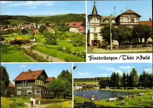 Ak Finsterbergen Friedrichroda Thüringer Wald, Café Waldschlösschen, Volkshaus zur Linde, Schwimmbad