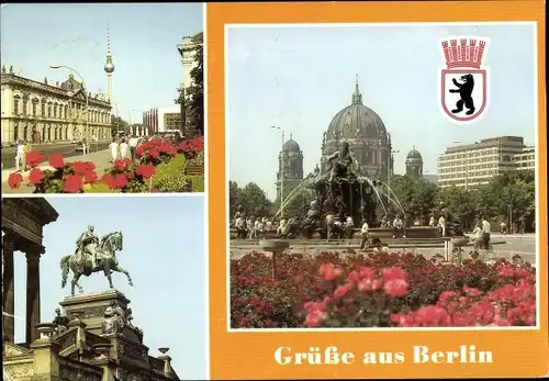 Ak Berlin Mitte, Unter den Linden, Dom, Alexanderplatz, Brunnen, Nationalgalerie
