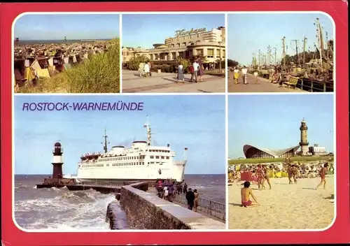 Ak Ostseebad Warnemünde Rostock, Strand, Kurhaus, Alter Strom, Mole, Leuchtturm, Teepott, Fährschiff