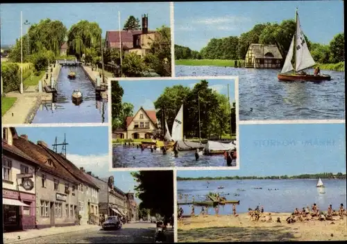 Ak Storkow in der Mark, Schleuse, Markt, Strand Ferienzentrum Wolfswinkel, Sportlerheim W. Winkler