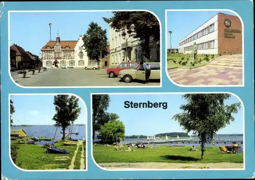 Ak Sternberg in Mecklenburg, Karl Liebknecht Platz, Kreiskulturhaus Benno Voelkner, See, Freibad