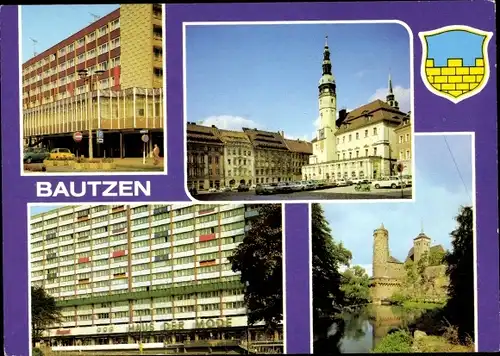 Ak Bautzen in der Oberlausitz, HO-Cafe Lubin, Markt, Rathaus, Haus der Mode, Michaeliskirche, Wappen