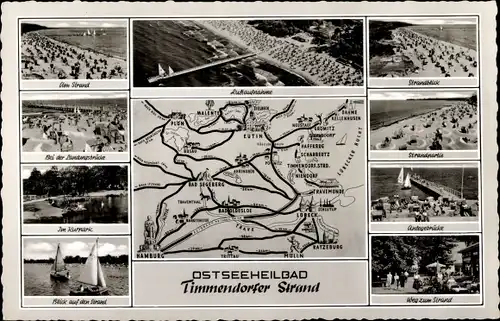 Ak Timmendorfer Strand in Ostholstein, Strand, Segelboote, Landkarte, Anlegebrücke, Kurpark