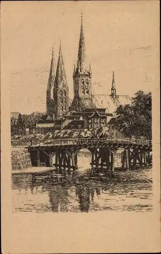 Künstler Ak Hansestadt Lübeck, Federzeichnung, Dankwartsbrücke, Petrikirche und Marienkirche